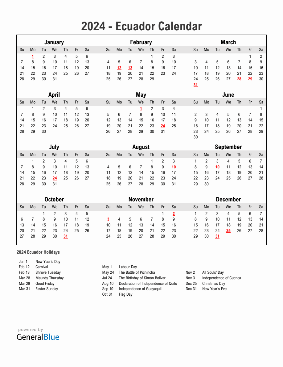 Year 2024 Simple Calendar With Holidays in Ecuador