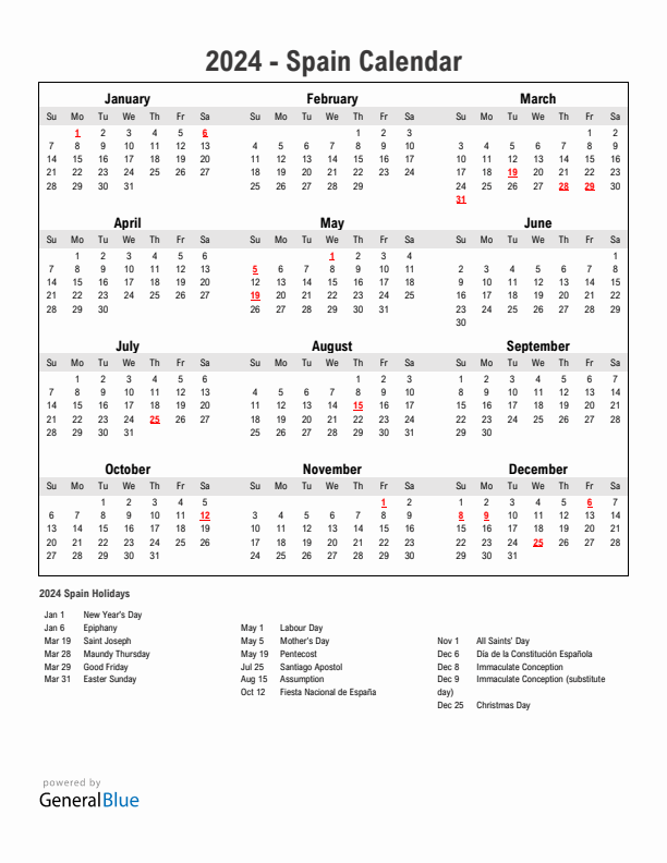 Year 2024 Simple Calendar With Holidays in Spain
