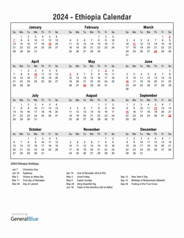 Year 2024 Simple Calendar With Holidays in Ethiopia
