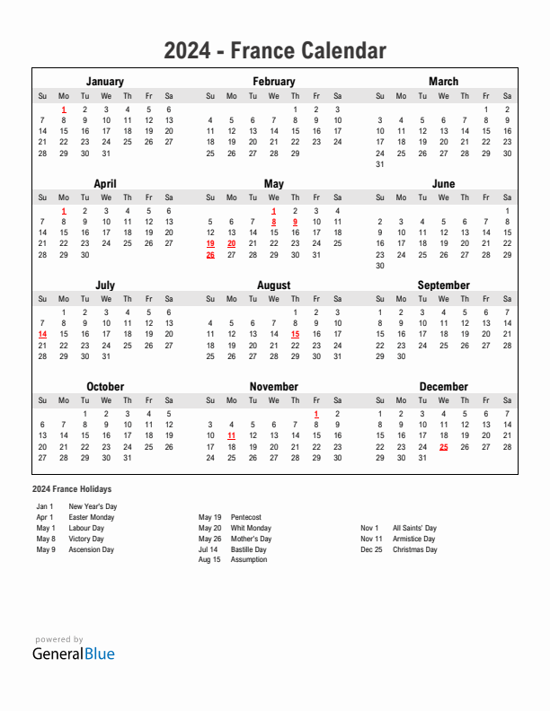 Year 2024 Simple Calendar With Holidays in France