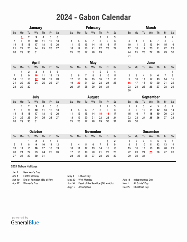 Year 2024 Simple Calendar With Holidays in Gabon