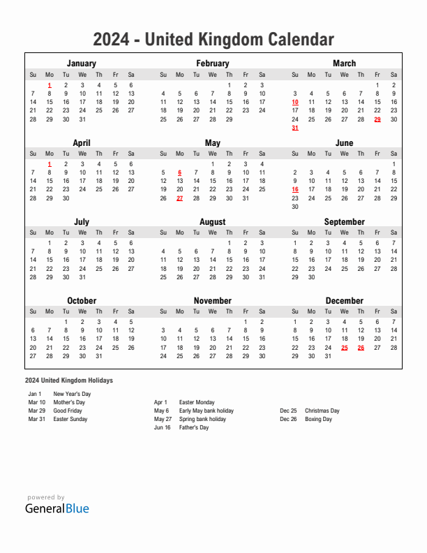 Year 2024 Simple Calendar With Holidays in United Kingdom