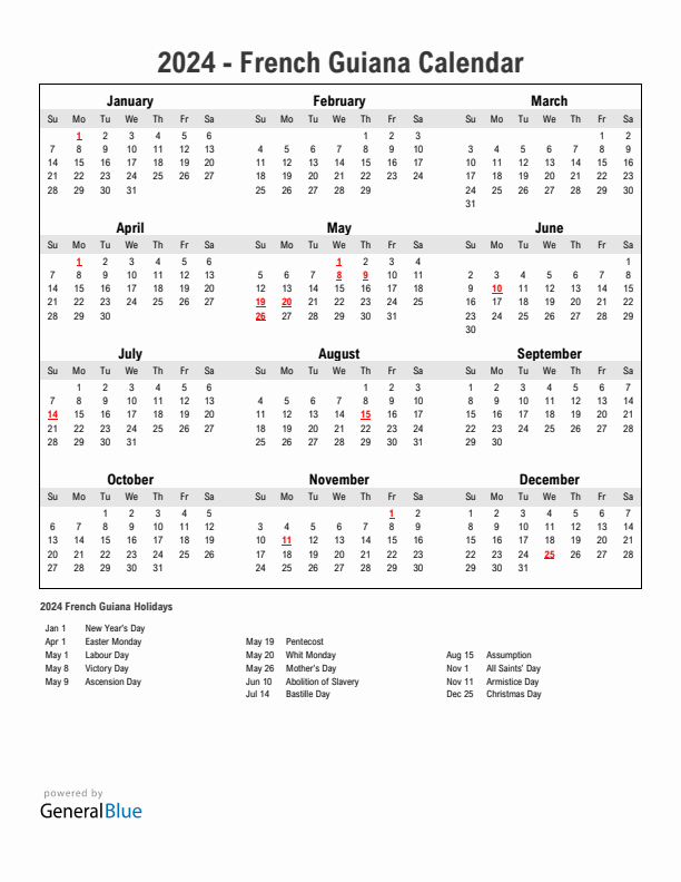 Year 2024 Simple Calendar With Holidays in French Guiana