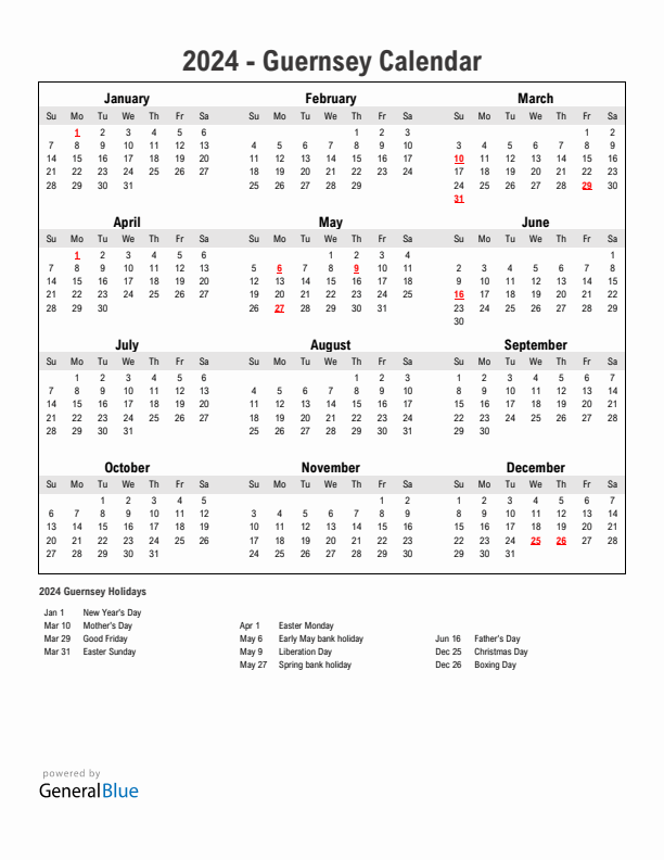 Year 2024 Simple Calendar With Holidays in Guernsey