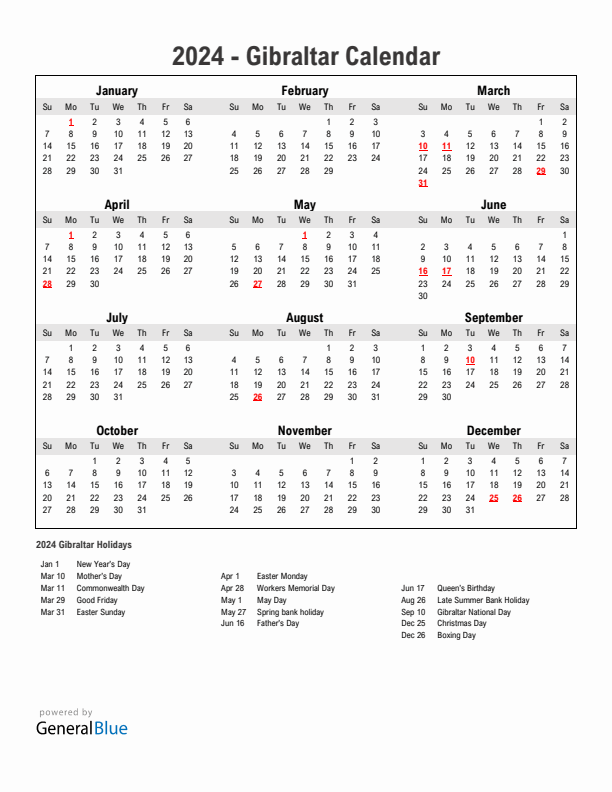 Year 2024 Simple Calendar With Holidays in Gibraltar