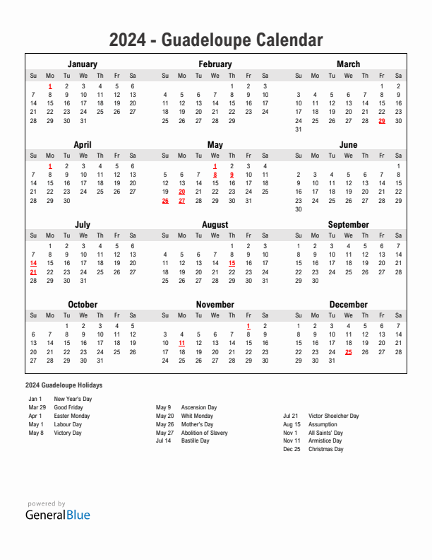 Year 2024 Simple Calendar With Holidays in Guadeloupe