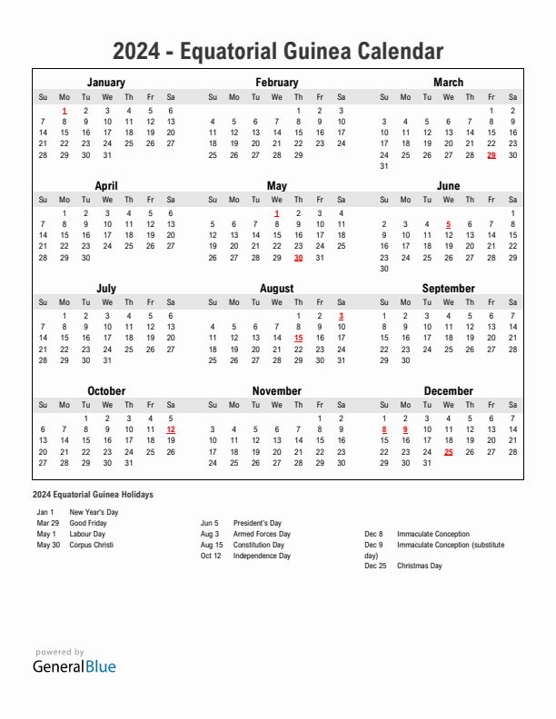 Year 2024 Simple Calendar With Holidays in Equatorial Guinea