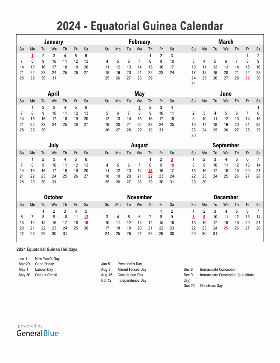 Year 2024 Simple Calendar With Holidays in Equatorial Guinea