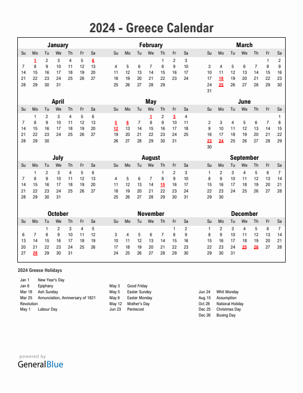 Year 2024 Simple Calendar With Holidays in Greece