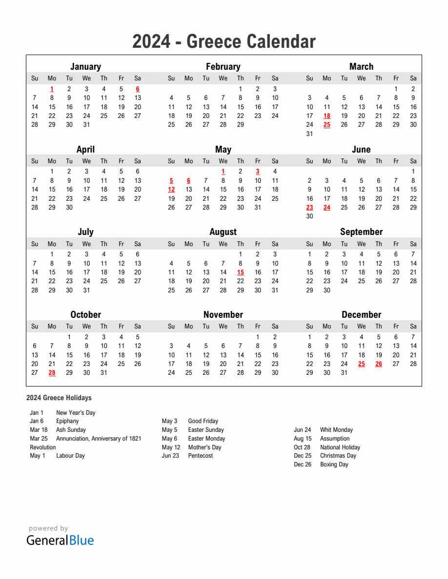 Year 2024 Simple Calendar With Holidays in Greece