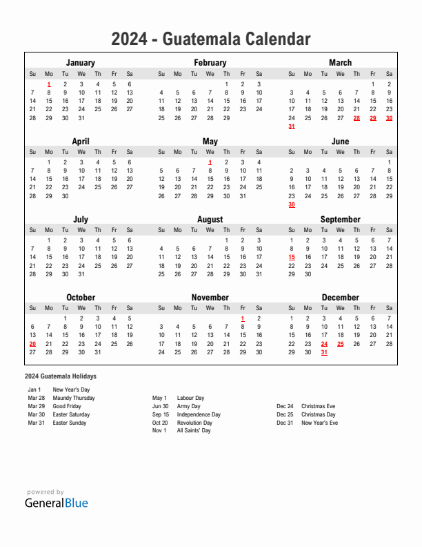Year 2024 Simple Calendar With Holidays in Guatemala