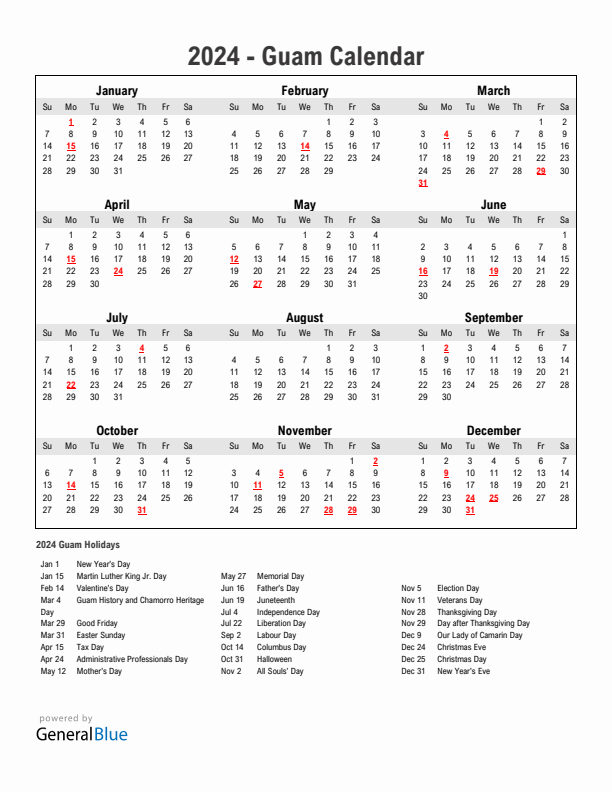 Year 2024 Simple Calendar With Holidays in Guam