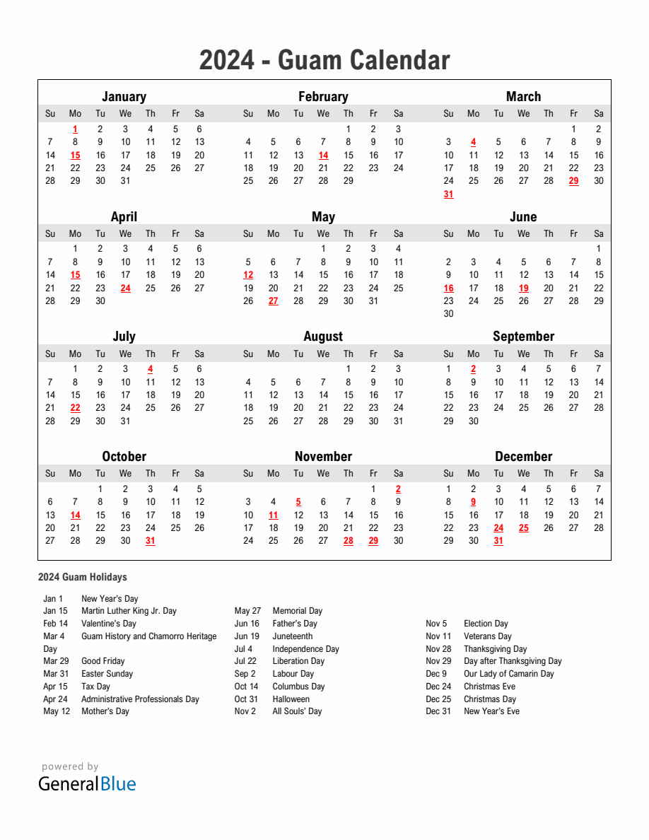 Year 2024 Simple Calendar With Holidays in Guam