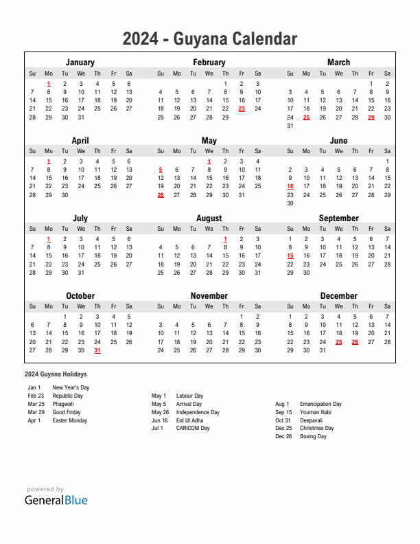 Year 2024 Simple Calendar With Holidays in Guyana
