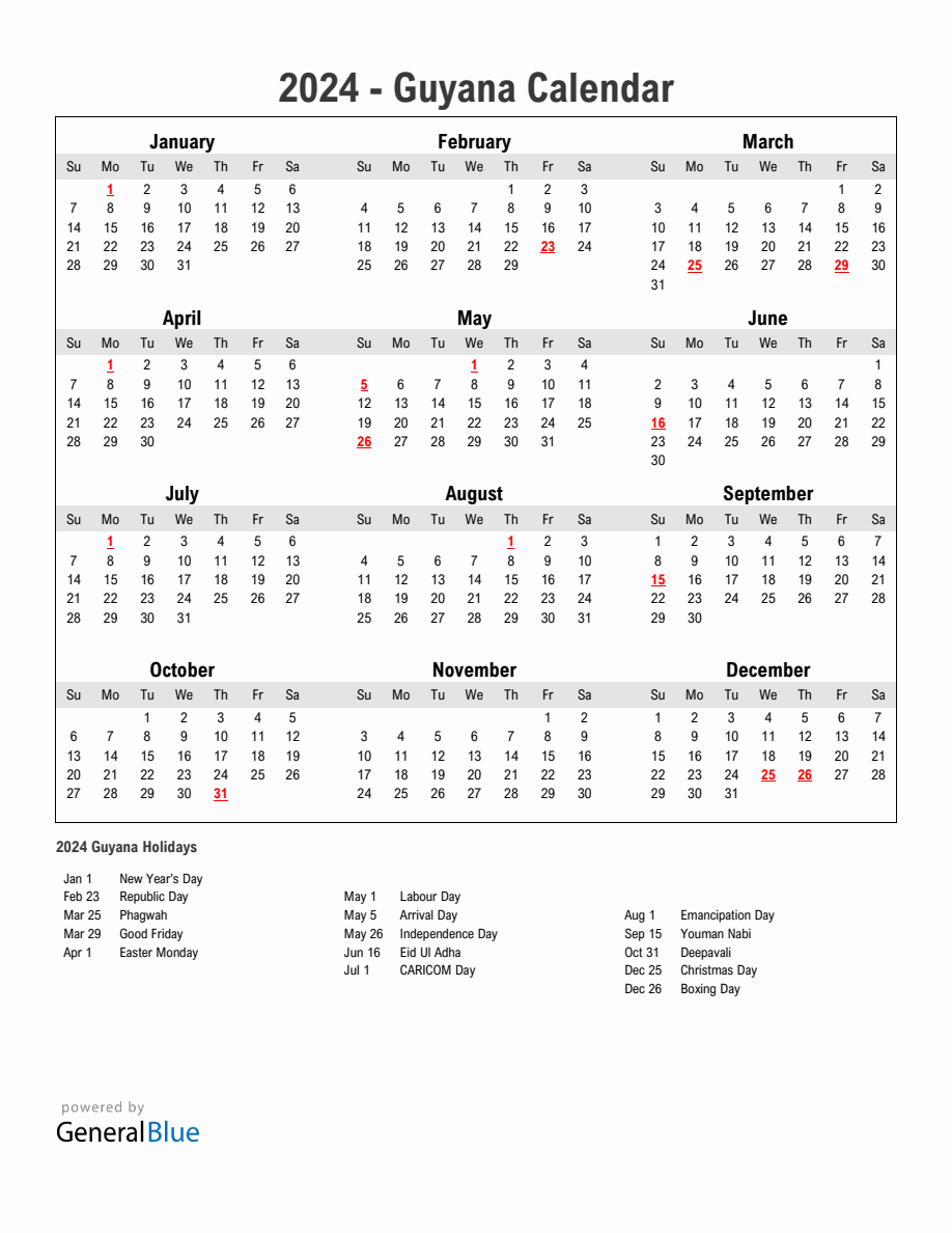 Year 2024 Simple Calendar With Holidays In Guyana   2024 Calendar Simple With Holidays Portrait Sunday Start En Gy 918x1188 