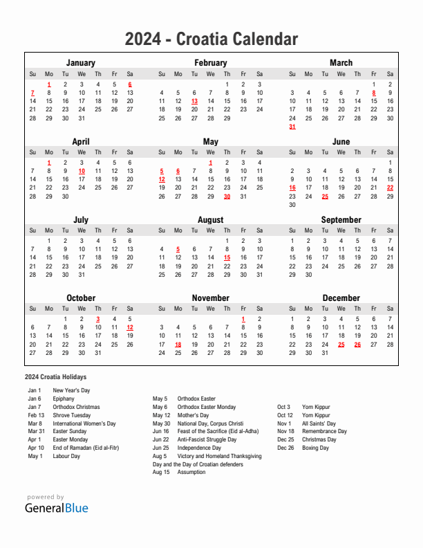Year 2024 Simple Calendar With Holidays in Croatia