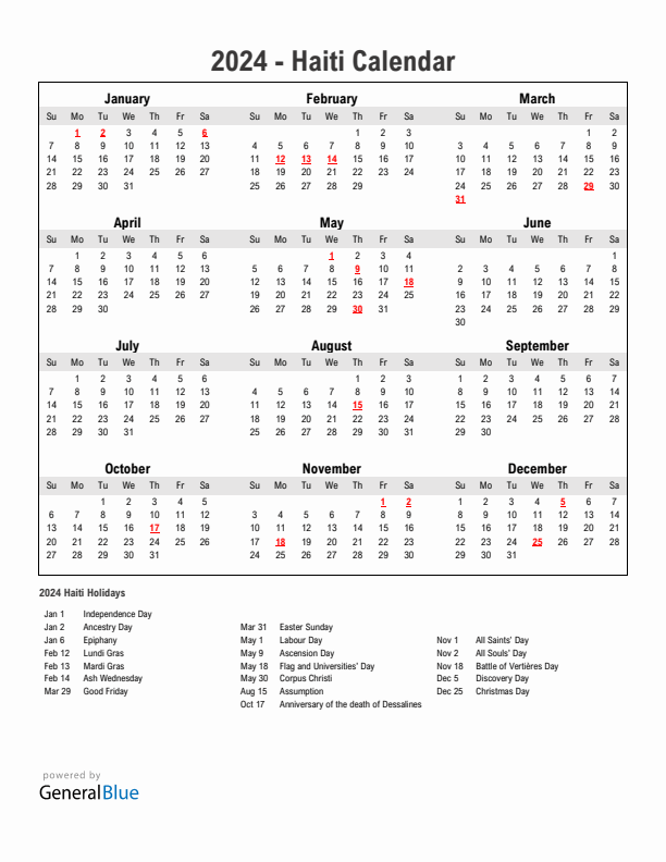 Year 2024 Simple Calendar With Holidays in Haiti