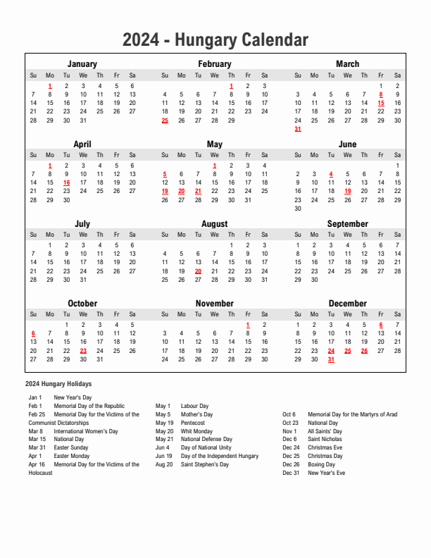 Year 2024 Simple Calendar With Holidays in Hungary