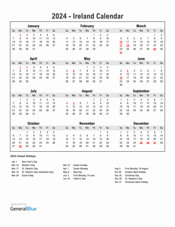Year 2024 Simple Calendar With Holidays in Ireland