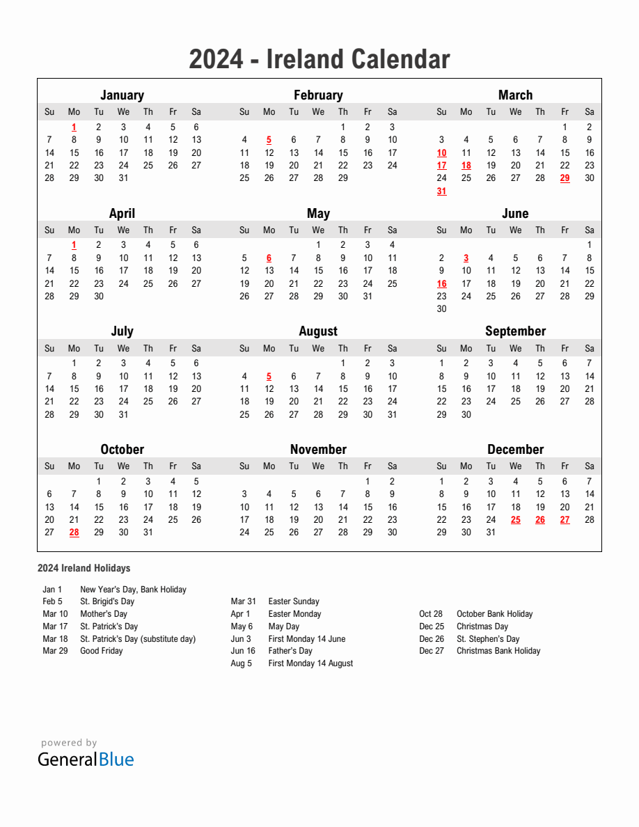 Year 2024 Simple Calendar With Holidays in Ireland