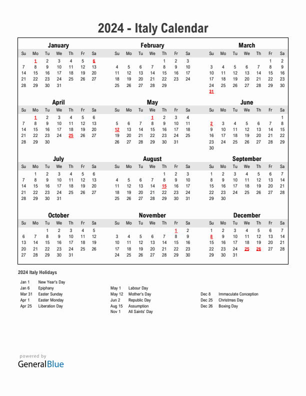 Year 2024 Simple Calendar With Holidays in Italy