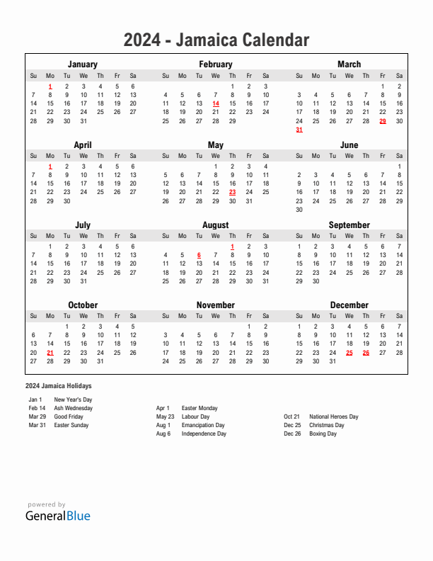 Year 2024 Simple Calendar With Holidays in Jamaica
