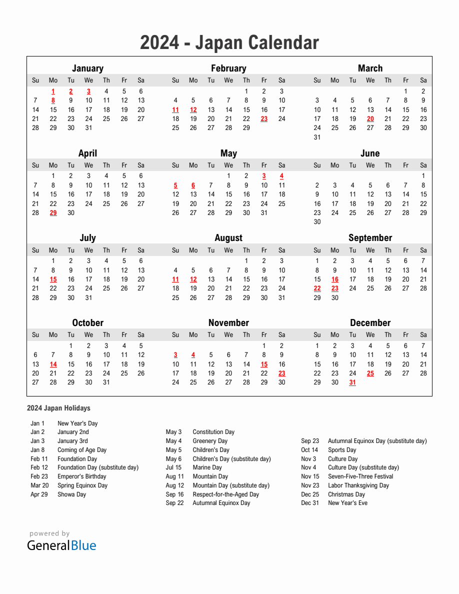 Year 2024 Simple Calendar With Holidays in Japan