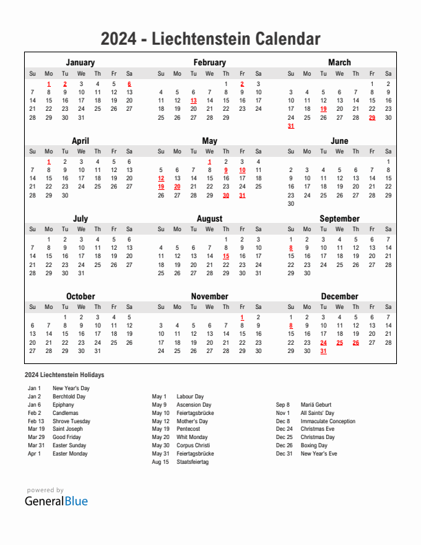 Year 2024 Simple Calendar With Holidays in Liechtenstein