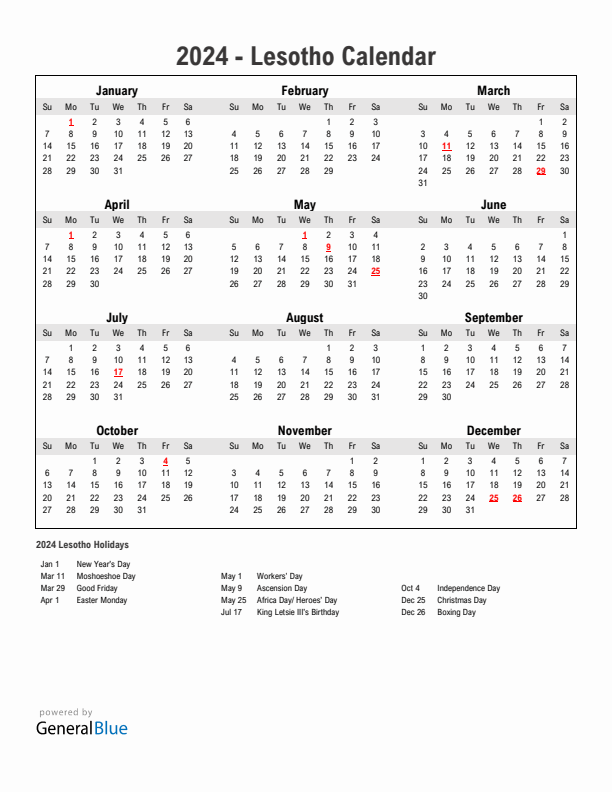 Year 2024 Simple Calendar With Holidays in Lesotho