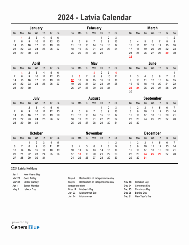 Year 2024 Simple Calendar With Holidays in Latvia