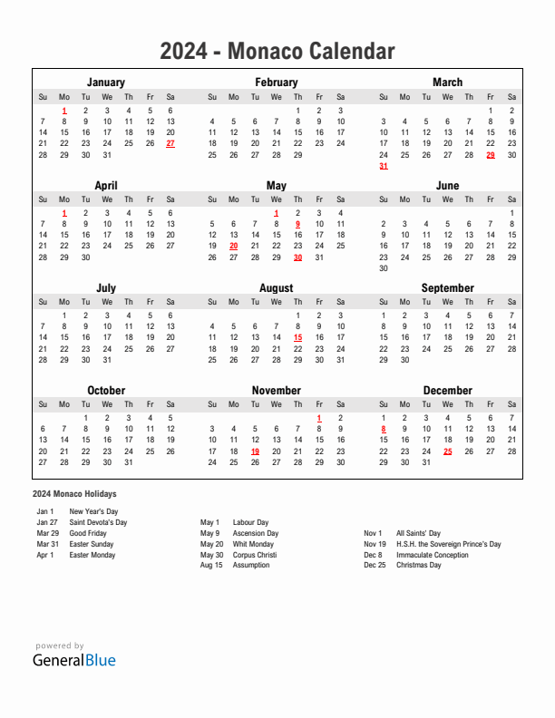 Year 2024 Simple Calendar With Holidays in Monaco