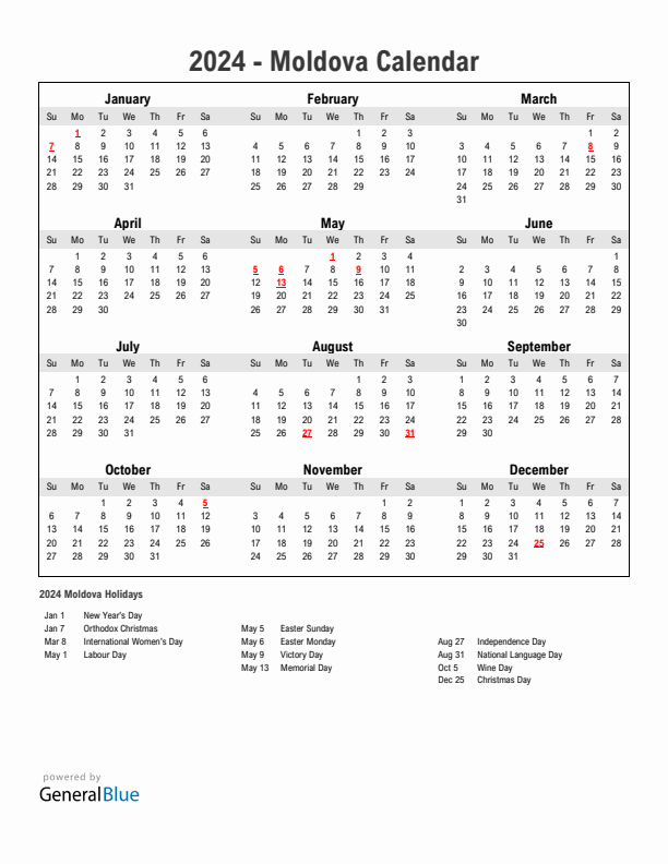 Year 2024 Simple Calendar With Holidays in Moldova