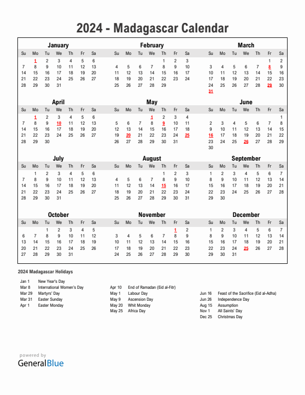 Year 2024 Simple Calendar With Holidays in Madagascar