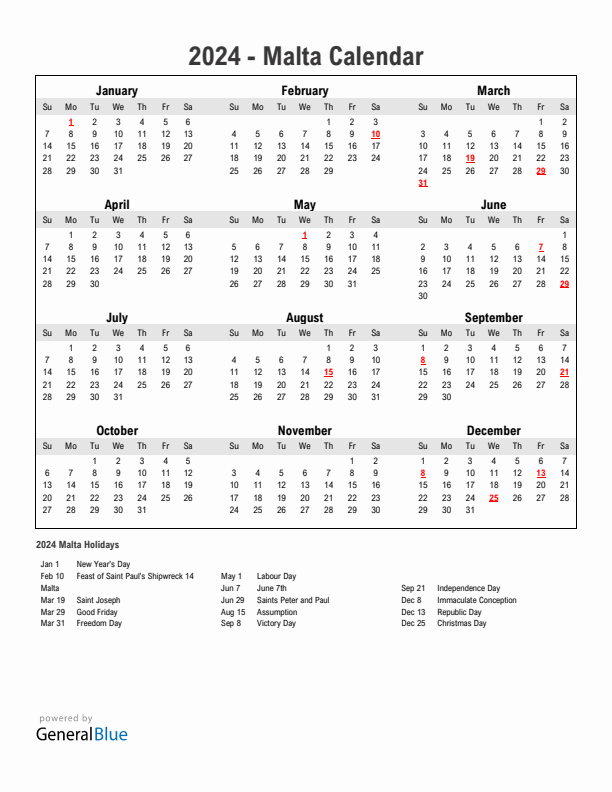 Year 2024 Simple Calendar With Holidays in Malta