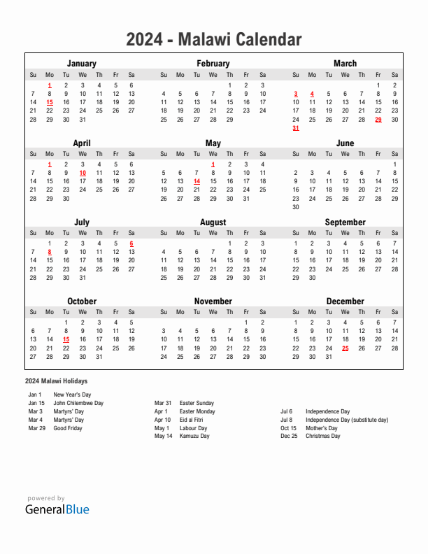 Year 2024 Simple Calendar With Holidays in Malawi
