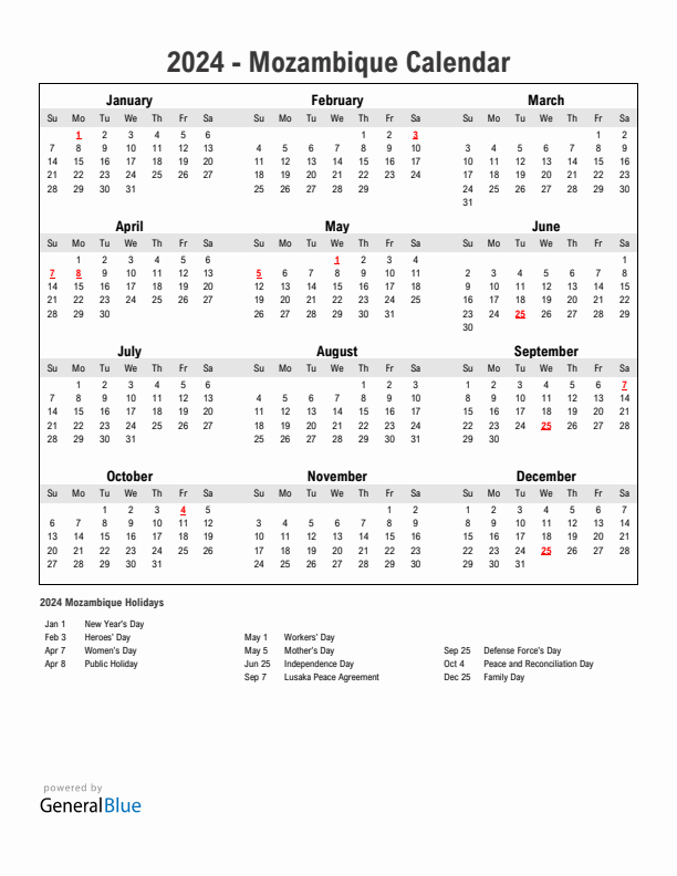 Year 2024 Simple Calendar With Holidays in Mozambique