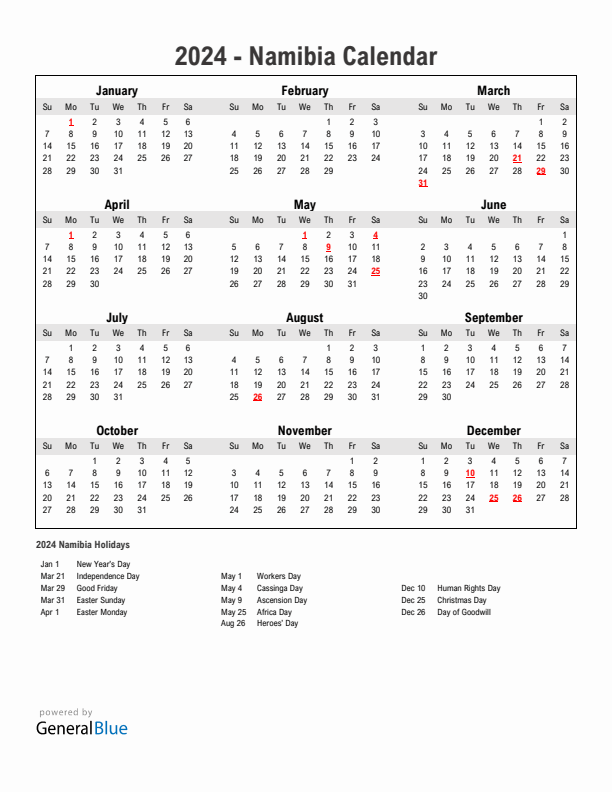 Year 2024 Simple Calendar With Holidays in Namibia