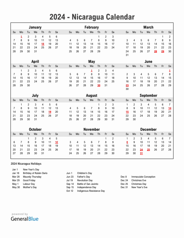 Year 2024 Simple Calendar With Holidays in Nicaragua