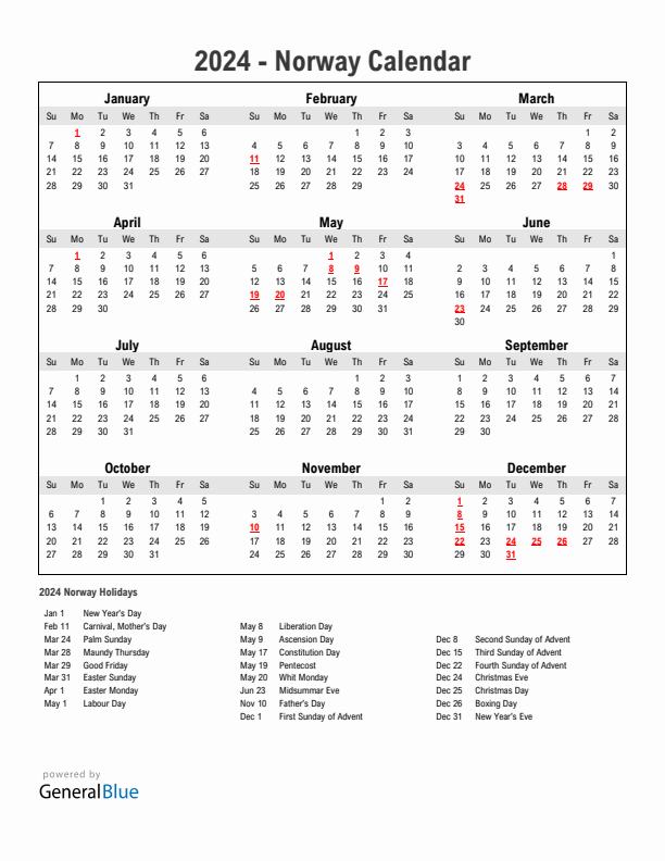 Year 2024 Simple Calendar With Holidays in Norway