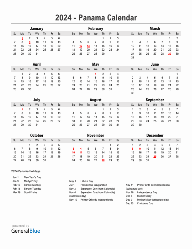 Year 2024 Simple Calendar With Holidays in Panama
