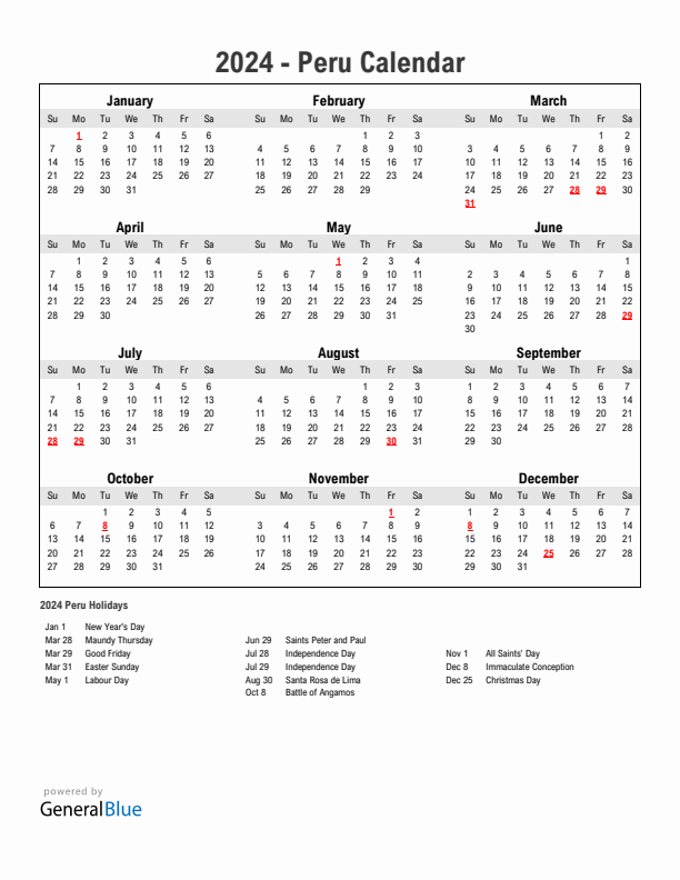 Year 2024 Simple Calendar With Holidays in Peru