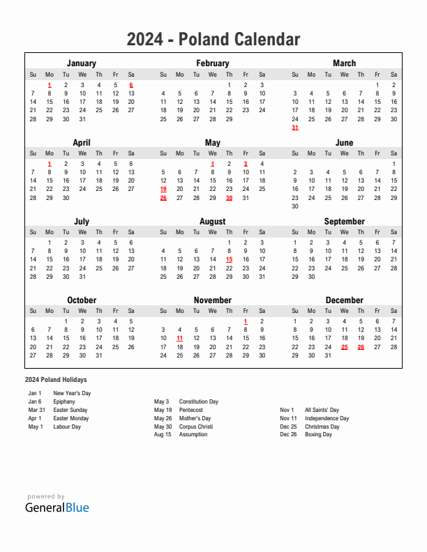 Year 2024 Simple Calendar With Holidays in Poland