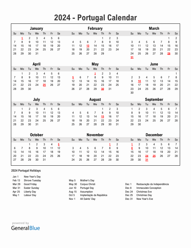Year 2024 Simple Calendar With Holidays in Portugal