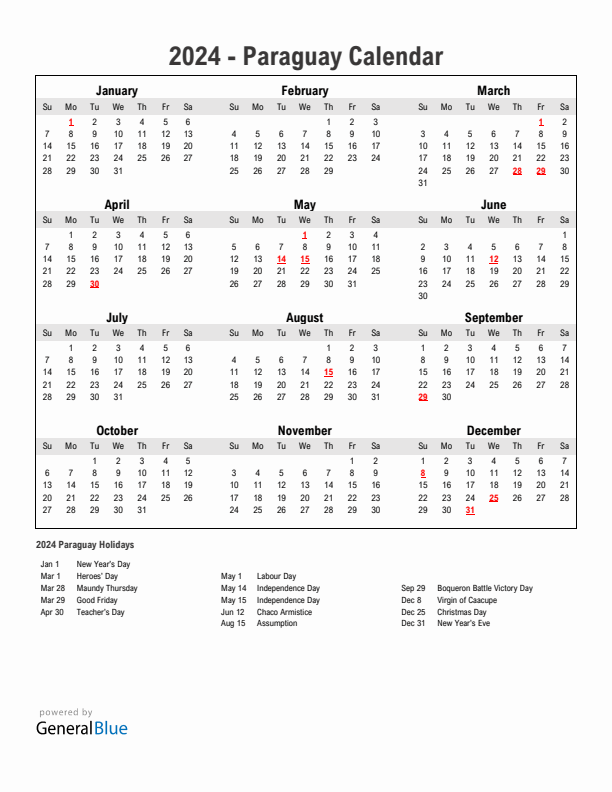 Year 2024 Simple Calendar With Holidays in Paraguay
