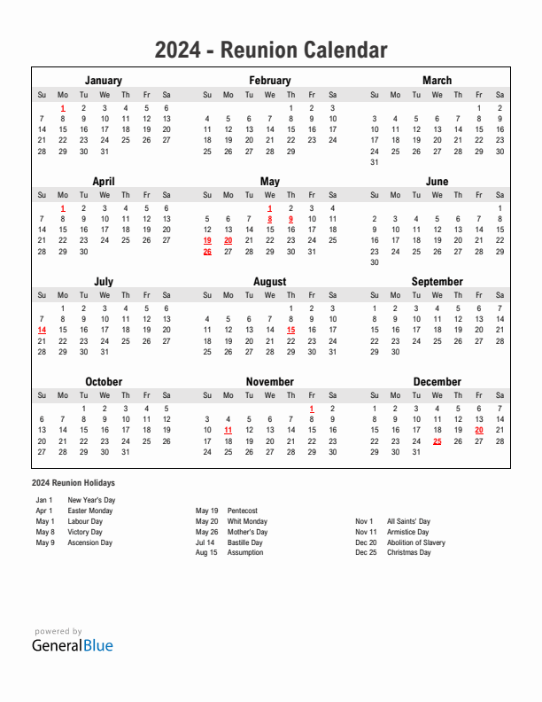 Year 2024 Simple Calendar With Holidays in Reunion