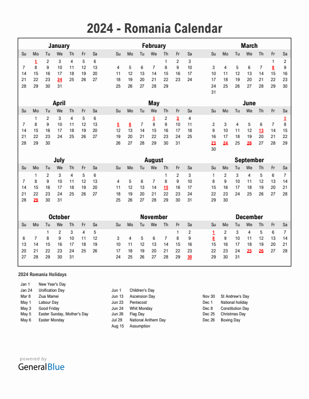 Year 2024 Simple Calendar With Holidays in Romania