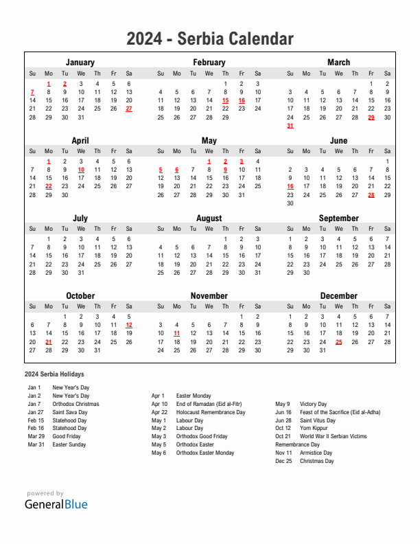 Year 2024 Simple Calendar With Holidays in Serbia