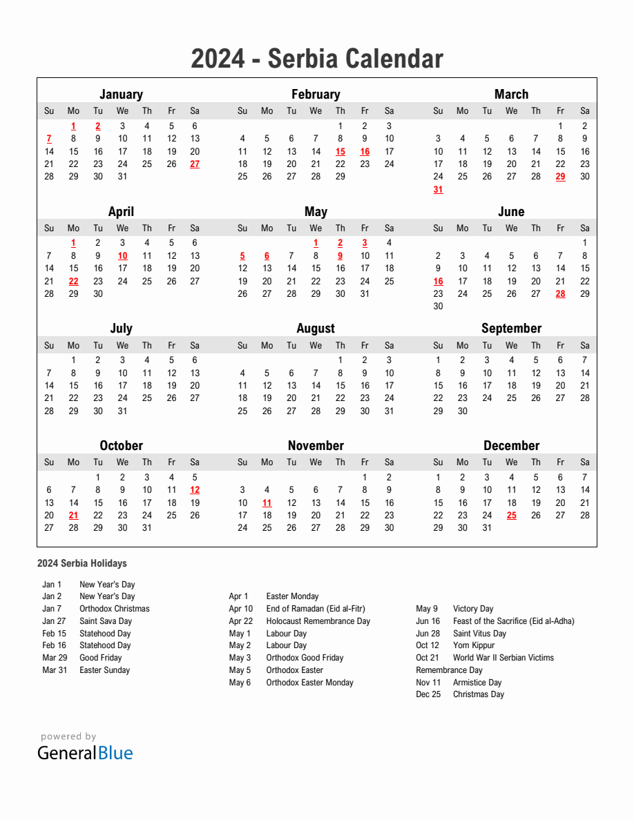 Year 2024 Simple Calendar With Holidays in Serbia