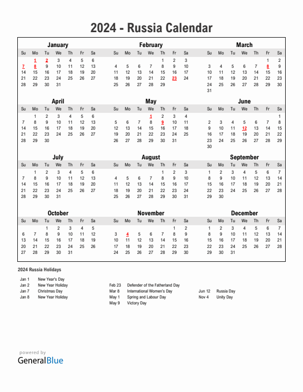 Year 2024 Simple Calendar With Holidays in Russia