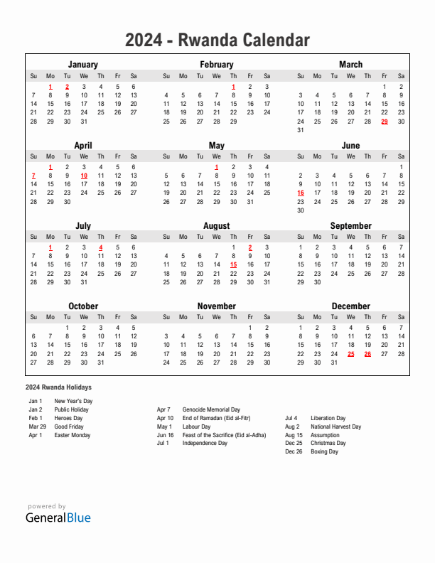 Year 2024 Simple Calendar With Holidays in Rwanda